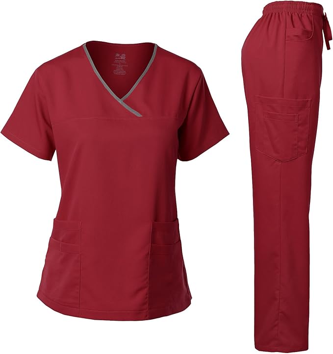Dagacci Medical Uniform Women's Scrub Set Stretch Contrast Binding Top and Pants