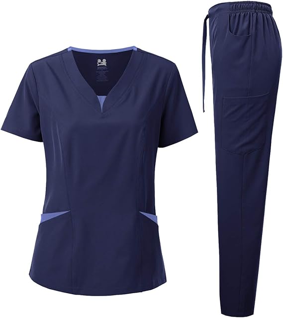Dagacci Medical Uniform Women's Scrubs Set 4-Way Stretch Split Contrast Net V-Neck Scrub Top and Pants