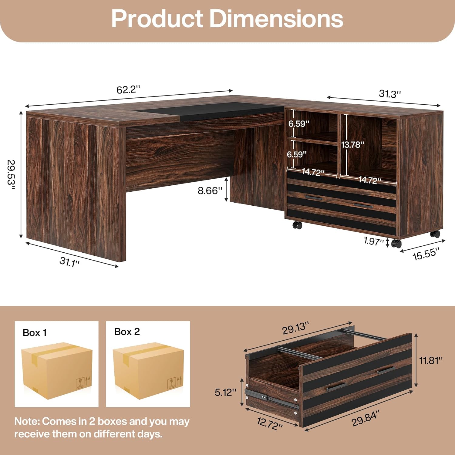  62.2" Executive Desk with Mobile File Cabinet