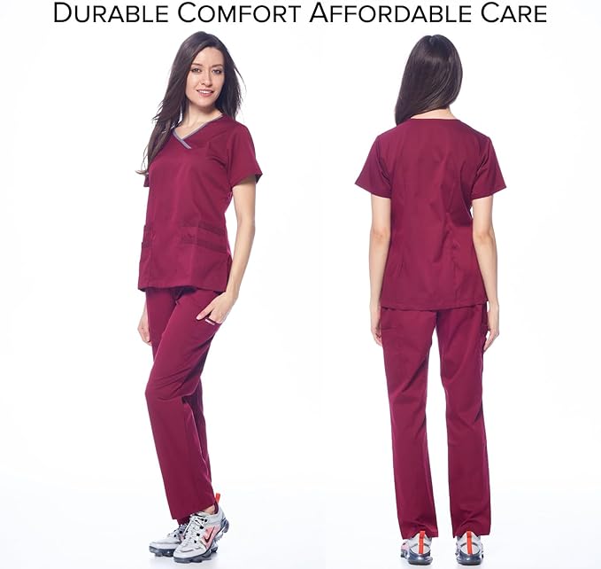Dagacci Medical Uniform Women's Scrub Set Stretch Contrast Binding Top and Pants