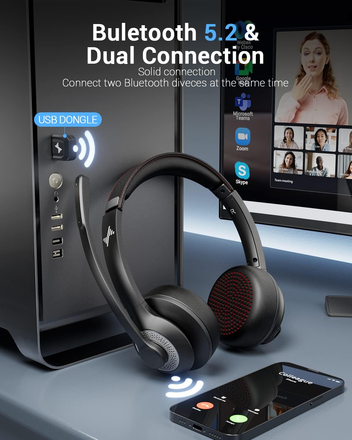Wireless Headset with AI Noise Cancelling Microphone Bluetooth Headset