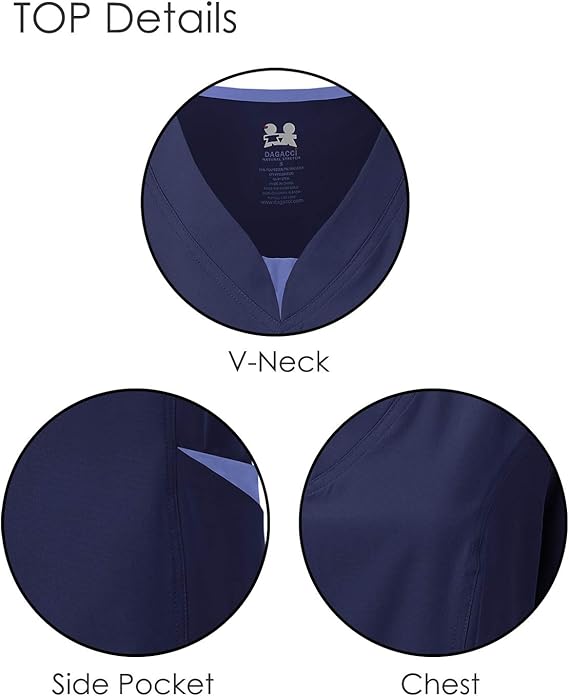 Dagacci Medical Uniform Women's Scrubs Set 4-Way Stretch Split Contrast Net V-Neck Scrub Top and Pants