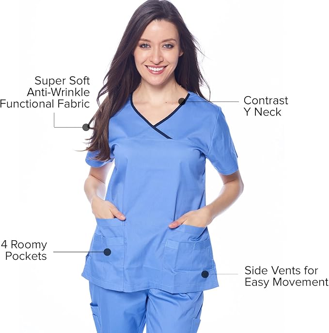 Dagacci Medical Uniform Women's Scrub Set Stretch Contrast Binding Top and Pants