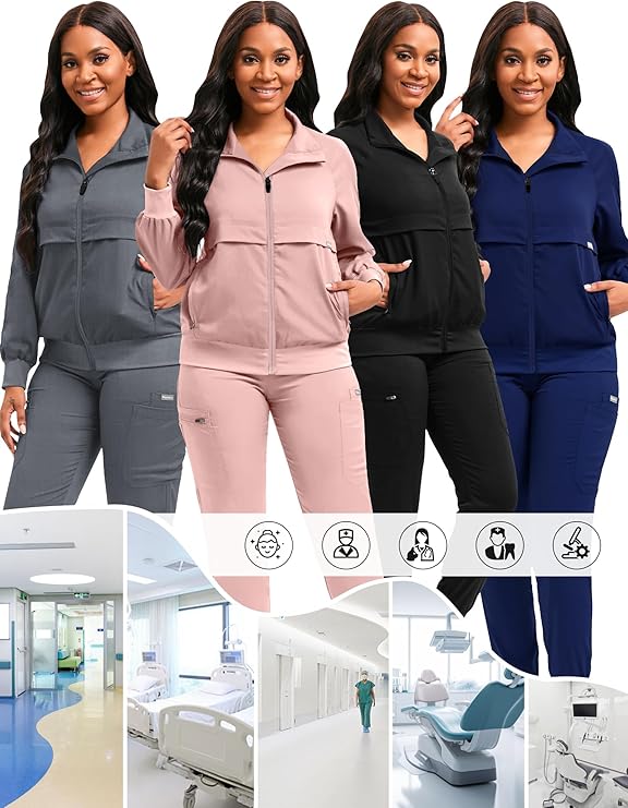 Scrub Jackets long Sleeve Medical Scrub Jackets for Women Zip Front