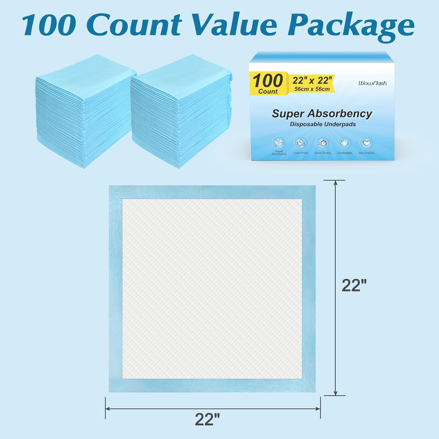 100 Count 22” x 22” Super Absorbency Disposable Underpads